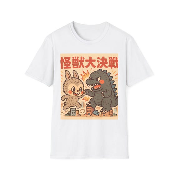 Labubu vs Godzilla Retro Japanese Kaiju T-Shirt- Kawaii Monster Battle Tee, Vintage Tokyo Shirt, Anime Aesthetic Gift