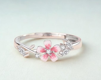 Sterling Silver Sakura Flower Ring, Cherry Blossom Adjustable Ring, Floral Jewelry Gift for Her, Cute Pink Flower Ring for Women