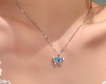 Blue Crystal Butterfly Necklace, Dainty Silver Pendant, Minimalist Jewelry