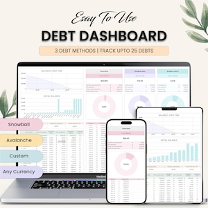 May include: A laptop, smartphone, and tablet display a debt dashboard with charts and financial data. The text "DEBT DASHBOARD" is prominently displayed, along with "3 DEBT METHODS | TRACK UPTO 25 DEBTS". The dashboard includes options for "Snowball", "Avalanche", and "Custom" debt management.