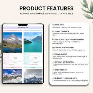May include: A digital travel planner with the text "PRODUCT FEATURES" and "ALL IN ONE TRAVEL PLANNER THAT CATERS ALL OF YOUR NEEDS." The planner includes sections for travel overview, budget, itinerary, and packing lists. The planner displays images of scenic locations.