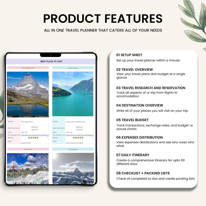 May include: A digital travel planner with the text "PRODUCT FEATURES" and "ALL IN ONE TRAVEL PLANNER THAT CATERS ALL OF YOUR NEEDS." The planner includes sections for travel overview, budget, itinerary, and packing lists. The planner displays images of scenic locations.