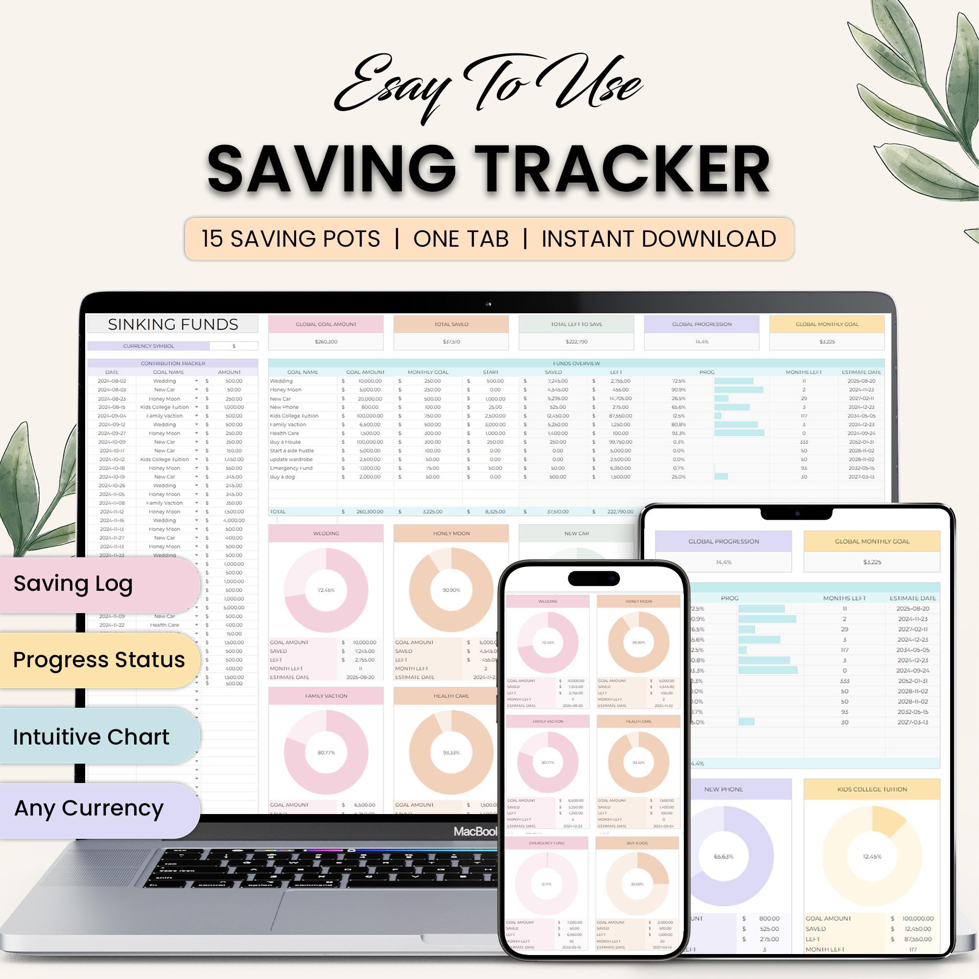 Savings Tracker Spreadsheet: Google Sheets & Excel (Digital Download)