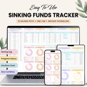 May include: A digital financial planner displayed on a laptop, tablet, and smartphone. The screens show a "Sinking Funds Tracker" with charts and data. Text includes "Esay To Use", "15 Saving Pots", and "Instant Download".