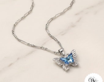 Blue Crystal Butterfly Pendant Necklace, Dainty Silver Zircon Choker Layered Set, Gift for Women, Birthday Jewelry