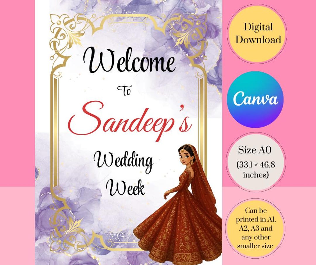 Purple & Gold Indian Wedding Welcome Sign: Editable Template (digital ...