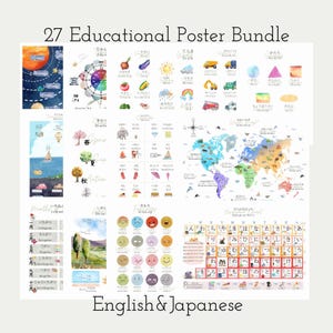 Peut inclure: Un ensemble de 27 affiches éducatives avec des textes en anglais et en japonais. Les affiches présentent divers thèmes, notamment les planètes, la météo, les formes, les mois, les saisons et une carte du monde. Les affiches sont colorées.