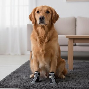 Puede incluir: Un golden retriever sentado sobre una alfombra gris, lleva botas para perros negras y grises. Las botas tienen un detalle de hebilla y una suela gris. El perro est&aacute; en un sal&oacute;n con un sof&aacute; y una mesa de madera al fondo.
