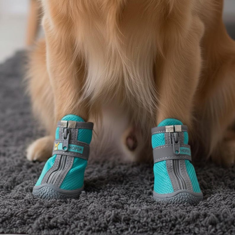 Puede incluir: Un par de botas para perros turquesas y grises con dise&ntilde;o de malla y cierre de cremallera. Las botas tienen una correa gris con la palabra "HOPEN" impresa. Dise&ntilde;adas para proteger las patas del perro.