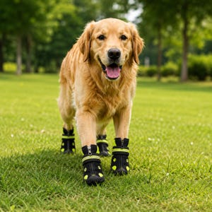 May include: A golden retriever dog wearing four black protective boots with neon yellow trim, a front zip closure, and a small yellow paw print design on the front of each boot. The boots are designed to cover the paws for outdoor protection.