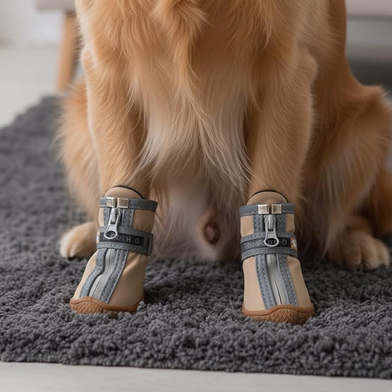 Puede incluir: Botas para perros de color beige y gris con cierre de cremallera y rayas reflectantes. Las botas est&aacute;n dise&ntilde;adas para proteger las patas de un perro. El perro est&aacute; sentado en una alfombra gris.