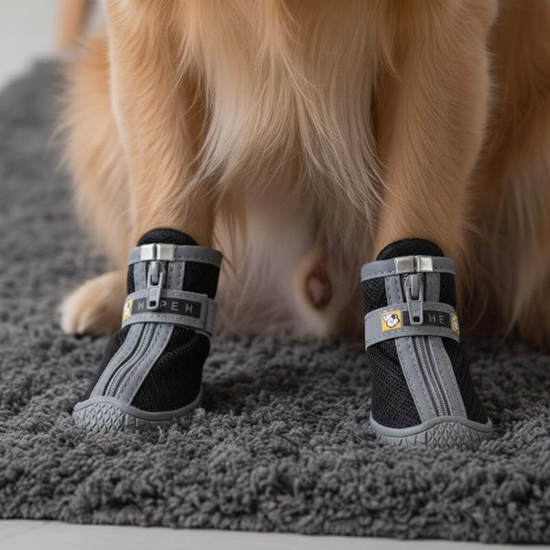 Puede incluir: Botas negras y grises para perros con cierre de cremallera y correa ajustable. Las botas tienen un dise&ntilde;o de malla y est&aacute;n sobre una alfombra gris. Las botas tienen el texto "HOPEH" y "HE".