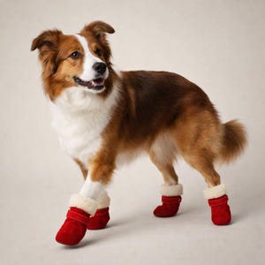 May include: A dog with brown and white fur wearing four red boots with white faux fur trim. The dog is standing and looking to the side. The boots have a simple design with a strap.
