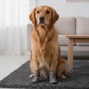 Puede incluir: Un golden retriever est&aacute; sentado en una alfombra gris, usando botas grises y marrones para perros. El perro mira a la c&aacute;mara. Las botas tienen una cremallera y una correa. El fondo incluye un sof&aacute; de color claro y una mesa de madera.