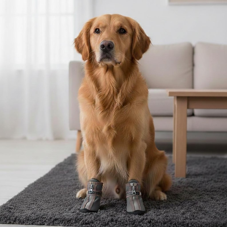 Puede incluir: Un golden retriever est&aacute; sentado en una alfombra gris, usando botas grises y marrones para perros. El perro mira a la c&aacute;mara. Las botas tienen una cremallera y una correa. El fondo incluye un sof&aacute; de color claro y una mesa de madera.
