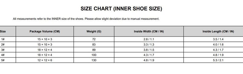 Puede incluir: Una tabla de tallas para tallas de zapatos interiores, con medidas en cent&iacute;metros y pulgadas. La tabla incluye el volumen del paquete, el peso en gramos, el ancho interior y la longitud interior para varios tama&ntilde;os de zapatos. El texto dice "SIZE CHART (INNER SHOE SIZE)".