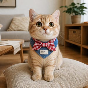 Könnte beinhalten: Eine hellbraune Katze mit großen Augen trägt ein blaues Jeans-Bandana mit einer rot-weiß karierten Fliege. Das Bandana hat einen kleinen Aufnäher mit Text und einer Bärenillustration. Die Katze sitzt auf einem beigen Kissen.