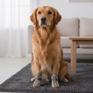 Puede incluir: Un golden retriever sentado en una alfombra gris, usando botas para perros beige y grises. Las botas tienen cremallera y detalles de correa. El perro est&aacute; en el interior, con un sof&aacute; y una mesa en el fondo.