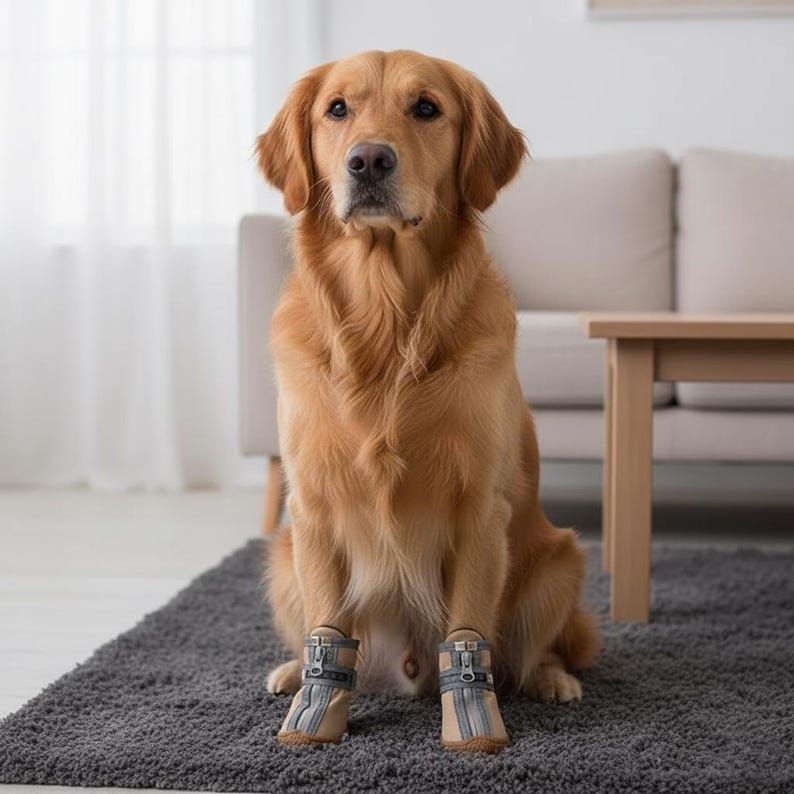 Puede incluir: Un golden retriever sentado en una alfombra gris, usando botas para perros beige y grises. Las botas tienen cremallera y detalles de correa. El perro est&aacute; en el interior, con un sof&aacute; y una mesa en el fondo.
