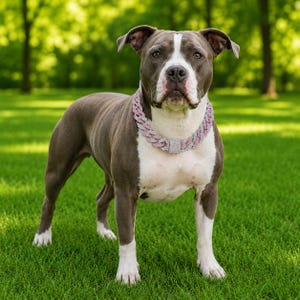 Puede incluir: Un perro gris y blanco de pie sobre el césped, con un collar grueso de eslabones cubanos. El collar presenta eslabones alternos con piedras brillantes de color rosa y blanco transparente, asegurado con un cierre cuadrado incrustado.