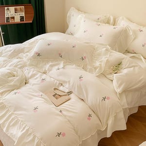 Rose Embroidered Duvet Cover Set | Soft Bedding Set with Pillowcases | Elegant Bedroom Decor ,Floral Design | No Fillings Included
