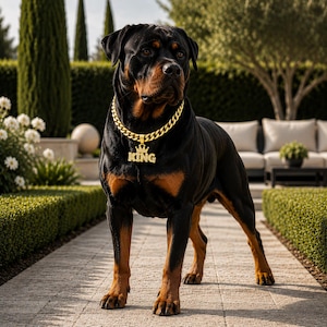 Puede incluir: Un perro Rottweiler con un collar de cadena dorada que dice "KING". El perro tiene pelaje negro y marrón y está de pie en un camino pavimentado. El fondo incluye setos verdes, árboles y una zona de estar.