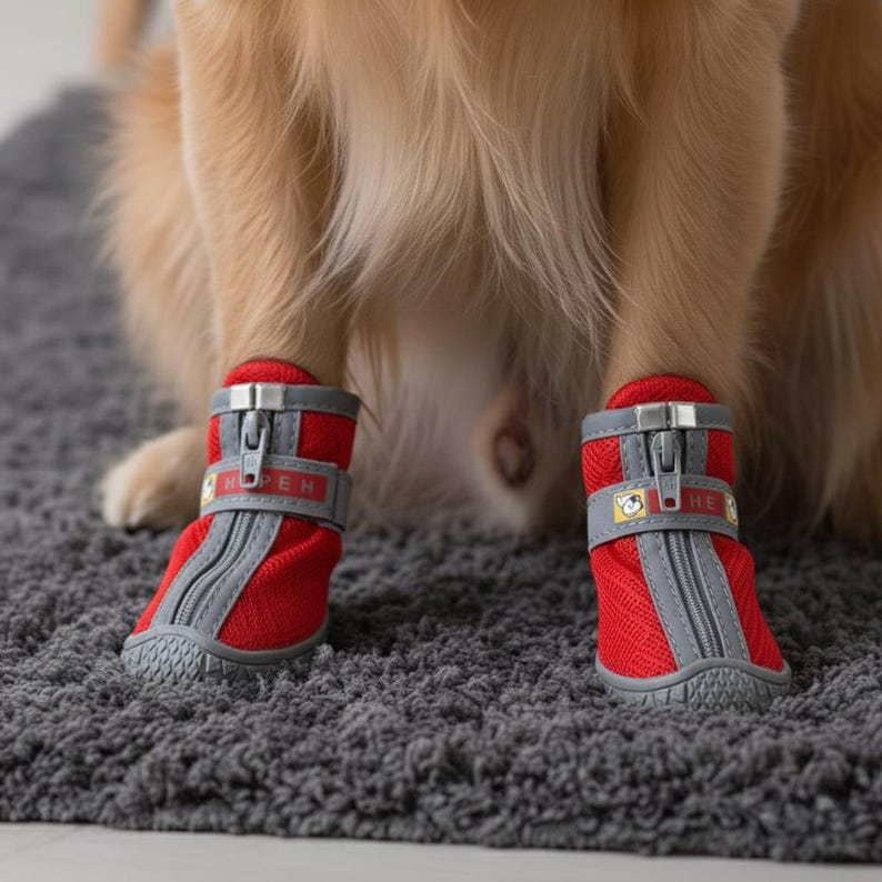 Puede incluir: Botas rojas y grises para perros con cierre de cremallera y correas ajustables. Las botas tienen una textura similar a la malla y est&aacute;n dise&ntilde;adas para proteger las patas de un perro. La palabra "HOPER" es visible en el lateral de las botas.