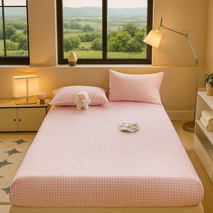 Check Fitted Bed Sheet with All-Around Elastic | Soft Breathable Fabric Bedding Cover | Multiple Color Options and Sizes for Bedroom Décor