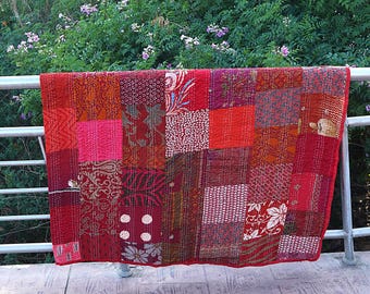 Bohemian Silk Patchwork Kantha Quilt: Handmade Boho Bedspread
