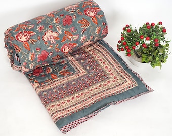 Floral Block Print Quilt, Reversible Boho Bed Coverlet, Farmhouse Bedding Quilt Bedcover King Queen