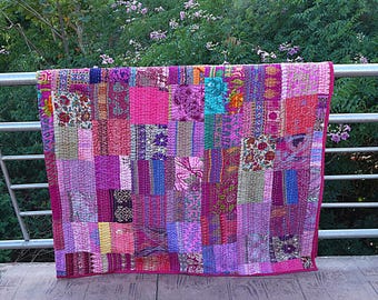 Bohemian Silk Patchwork Kantha Quilt: Handmade Boho Bedspread