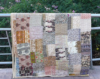 Hand Stitched Silk Patchwork Kantha Quilt: Boho Bedding Throw