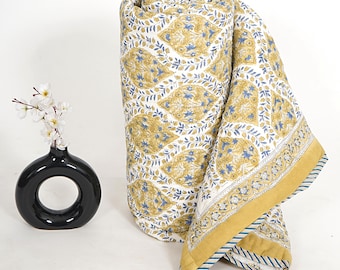 Hand Block Print Cotton Quilt: Yellow Floral Meadow, Reversible Boho Bedding