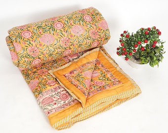 Indian Block Printed Quilt Cotton Floral Print Reversible Hand-Stitched King Queen Quilt Bedspread Blanket