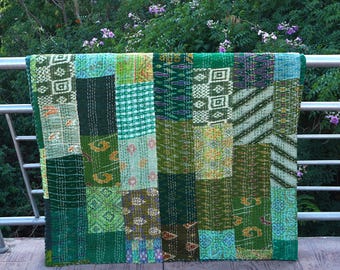 Bohemian Silk Patchwork Kantha Quilt: Hand-Stitched Boho Bedspread
