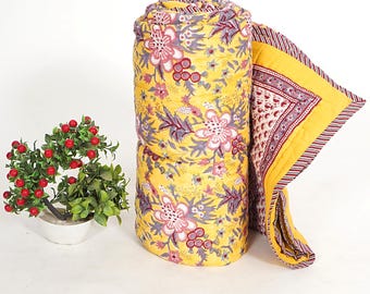 Floral Block Print Cotton Quilt: Reversible Indian Bedding