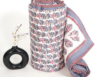 Hand Block Printed Quilt - All Season Reversible in Floral Design Cotton Quilt Farmhouse Bedding