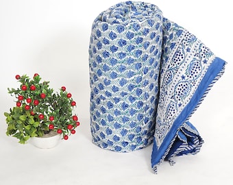 Reversible Indian Block Print Cotton Quilt, Handmade Floral Bedspread