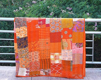 Hand Stitched Silk Patchwork Kantha Quilt: Boho Bedding Throw