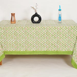 Green Floral Hand Block Print Tablecloth: Indian Cotton Rectangle Table Cover
