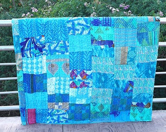 Bohemian Silk Patchwork Quilt: Hand-Stitched Kanta Throw Blanket