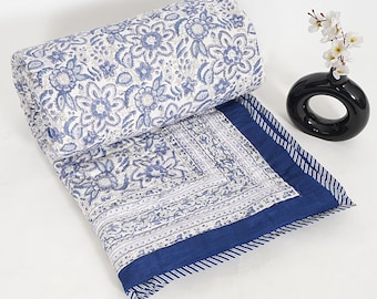 Hand Block Printed Jaipuri Quilt Cotton Floral Print Reversible Hand-Stitched Quilt Bedspread Comforter Blanket
