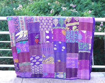 Bohemian Silk Patchwork Kantha Quilt: Handmade Boho Bedspread Bedcover