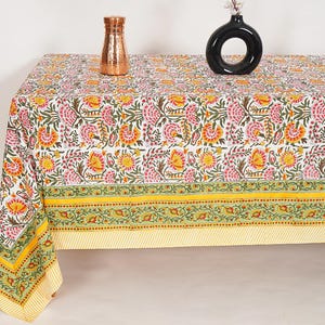 Block Printed Table Cloth Boho Floral Print Housewarming Gifts Home Decor Eco Friendly Sustainable Table Decor With Mat, Napkin Green Yellow