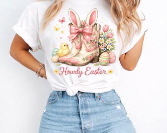 Camiseta de Pascua del Oeste, atuendo campestre con botas de conejito, camiseta con estampado floral de primavera