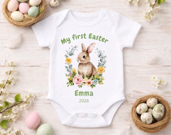 Body personalizado para el primer bebé de Pascua: Conejito bohemio con nombre personalizado