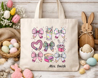 Bolsa de Pascua personalizada para profesor/a: diseño de lazo de conejito con nombre