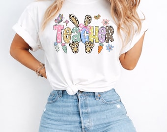 Camiseta de Pascua para profesores, camiseta de primavera con orejas de conejo para el aula
