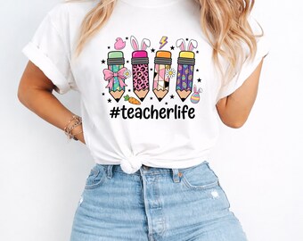 Camiseta de profesor con lápices: camiseta colorida de Pascua para profesor