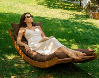 Wooden Rocking Chaise Lounge with Cushion, Teak-Finish Birch Plywood Indoor Relaxing Chair